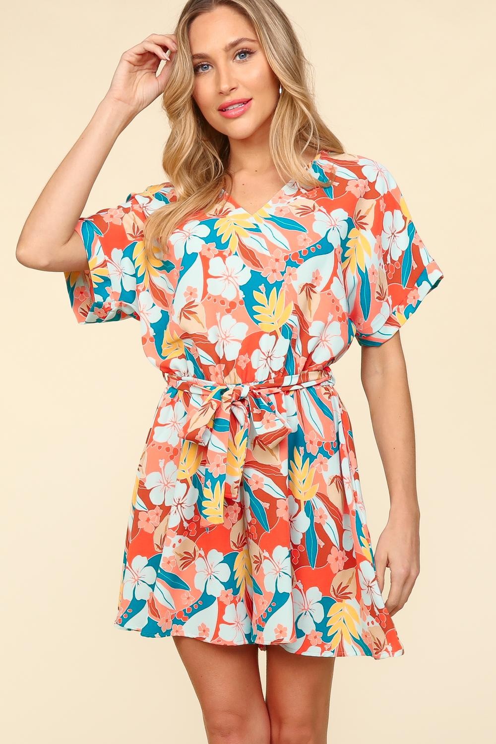 Women's Haptics Tropical Floral Short Sleeve Tied Romper