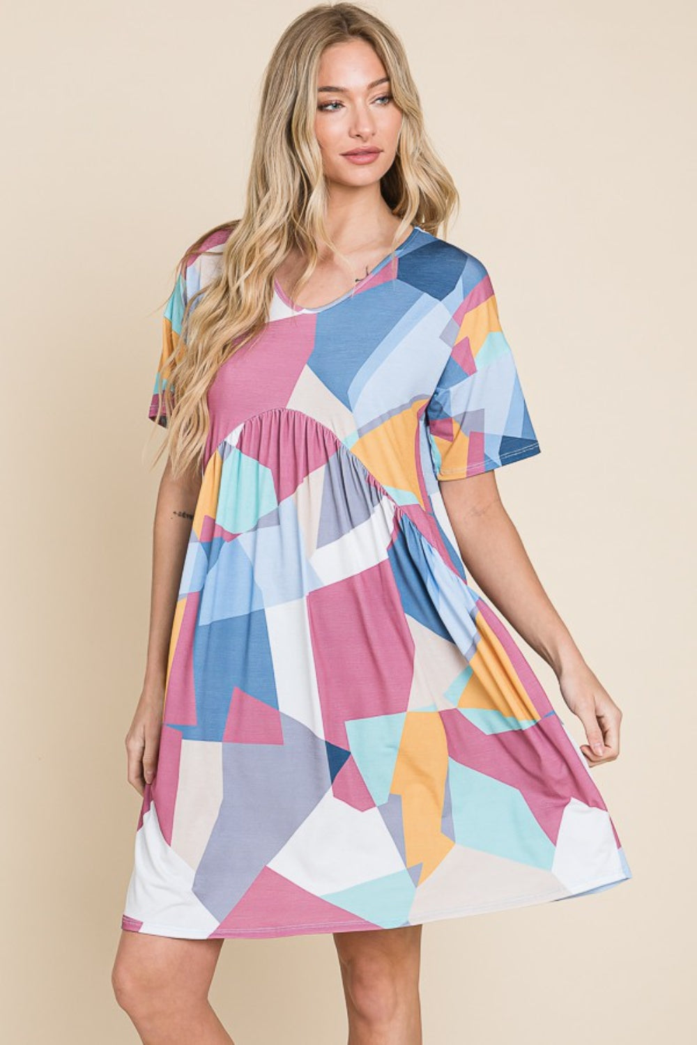 Women's BOMBOM Ruched Color Block Short Sleeve Dress