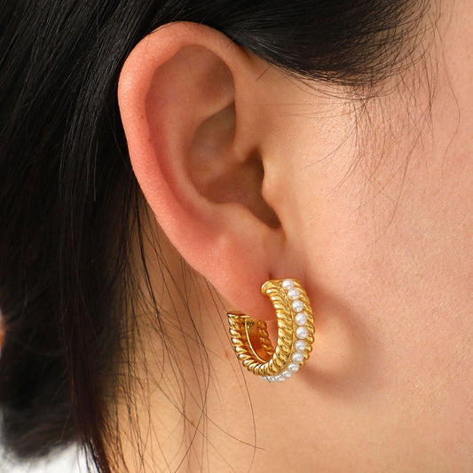 Women's Stainless Steel Pearl C-Hoop Earrings