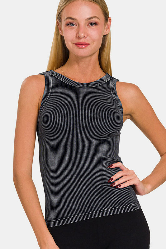 Women's Zenana 2 Way Neckline Washed Ribbed Cropped Tank