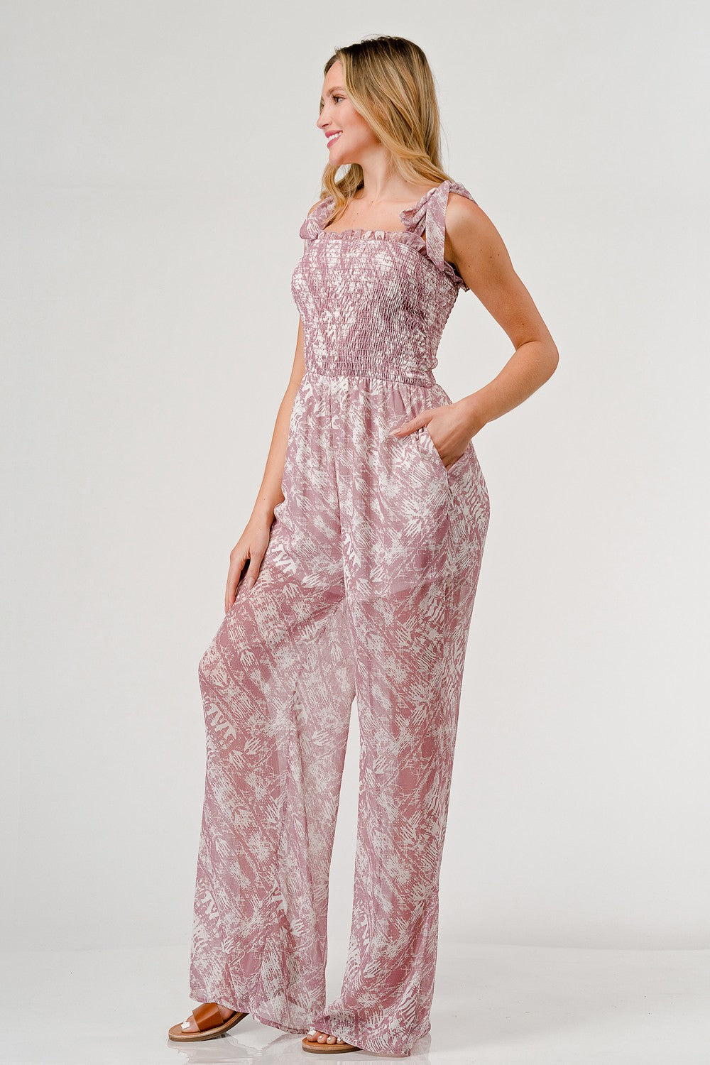 Women's GeeGee Printed Tie Shoulder Wide Leg Jumpsuit