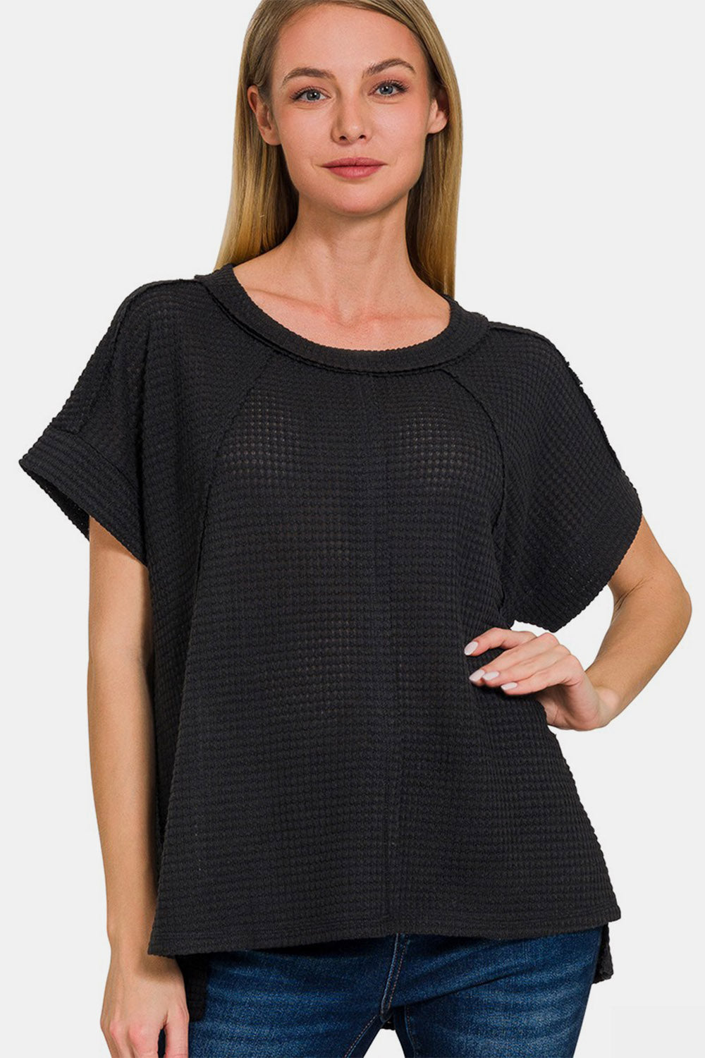 Women's Zenana Waffle Exposed-Seam Short Sleeve T-Shirt