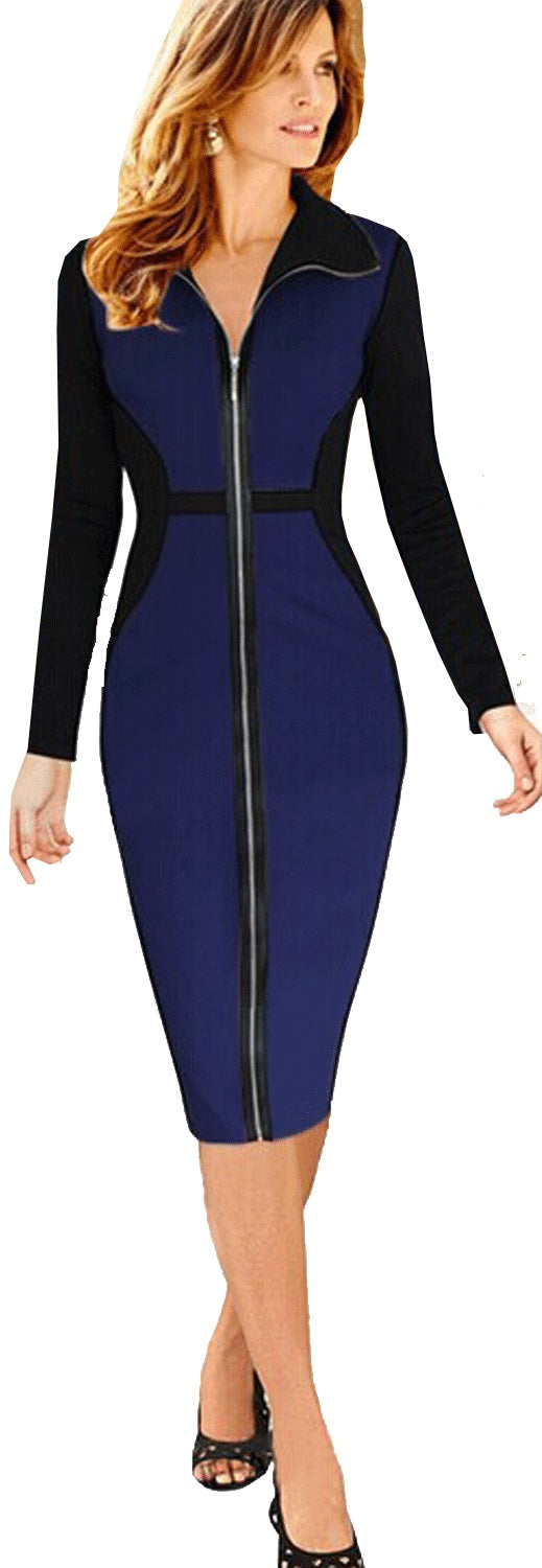 Ketty More Women Long Sleeves Collar Shirt Long-Zipper Bodycon Winter Dress-KMWD226
