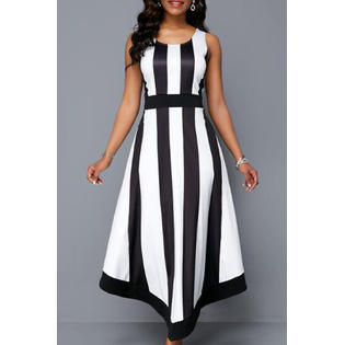 Women Amazing Striped Pattern Round Neck Long Length Sleeveless Dress - WDC60185