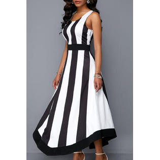 Women Amazing Striped Pattern Round Neck Long Length Sleeveless Dress - WDC60185