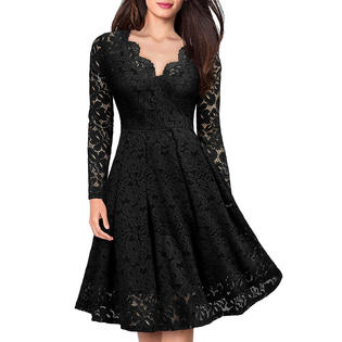 Ketty More Women Alluring Lace Pattern Long Sleeve V-Neck Knee Length Beautiful Dress - KMWDC60209