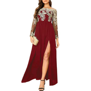 Ketty More Women Splendid Lace Pattern Pleated Mid Length Skirt Long Sleeve Summer Breathable Dress-KMWDC2790
