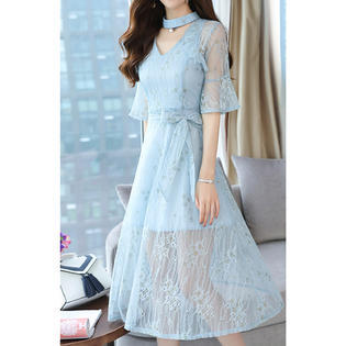 Ketty More Women Aesthetic Lace Patterned V- Neck Mid-Length Sleeves Waist Strap A-Line Styled Soft Dress-KMWDC2540