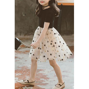 Kids Girls Lovely Star Printed Skirt Short Sleeve Round Neck Magnificent Dress - KGD100917