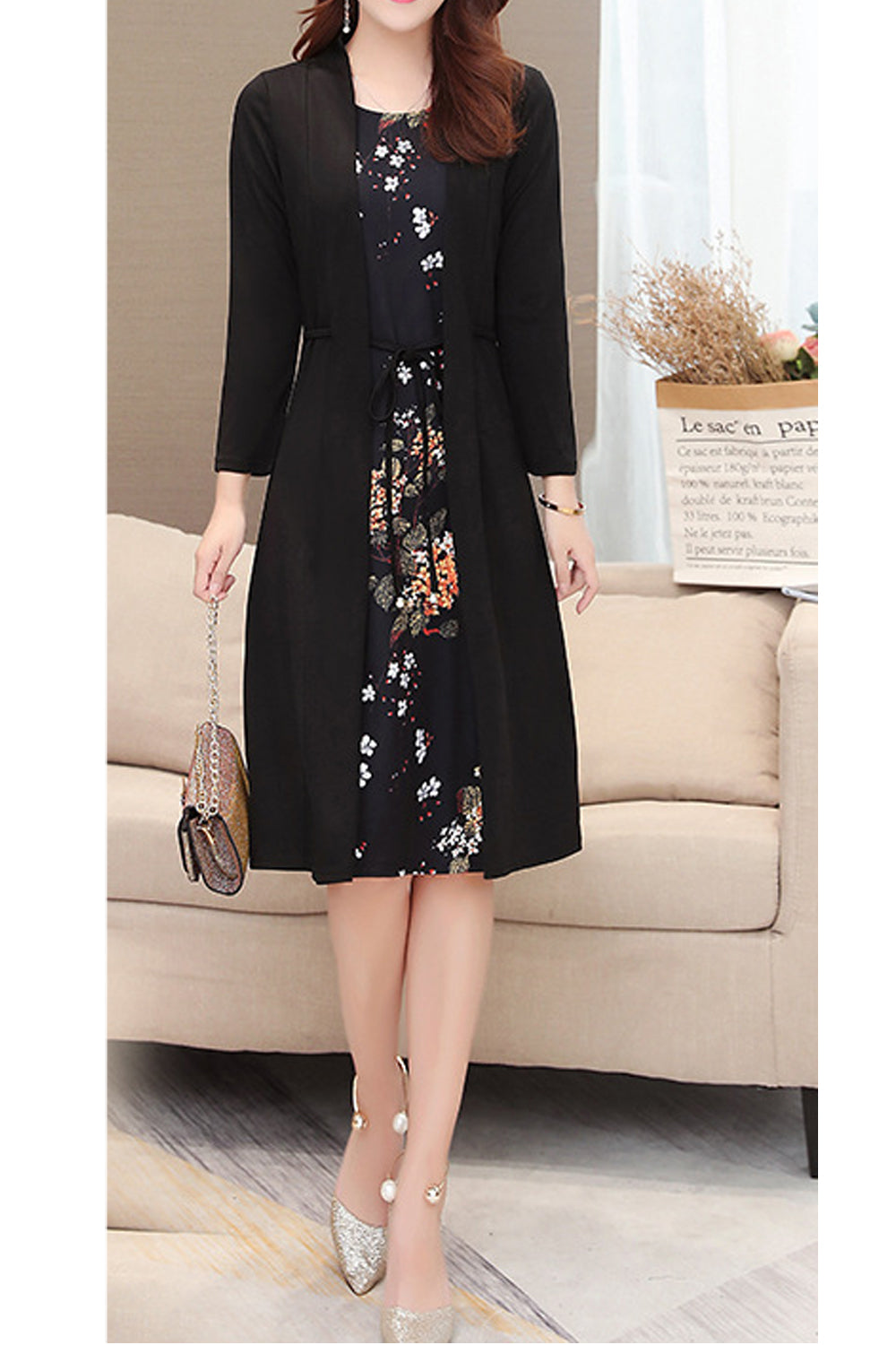 Women Floral Printed 3/4 Sleeve Two Piece Dress - C2557JPD