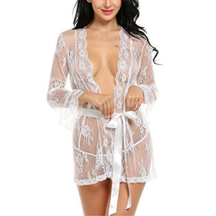 Ketty More Women Long Sleeve Beautiful Lace Pattern Above Knee Belt Waist See Through Nightwear Lingerie-KMWL114