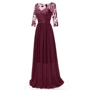 Women V-Neck Sheer Sleeves Lace Bust Long Dress - C1316UD