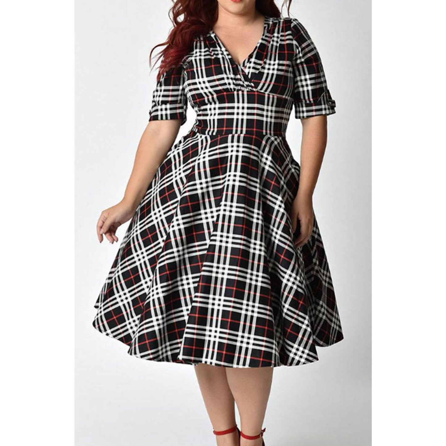 Women V-Neck Folded Sleeve Swing Plaid Dress - C2346UD