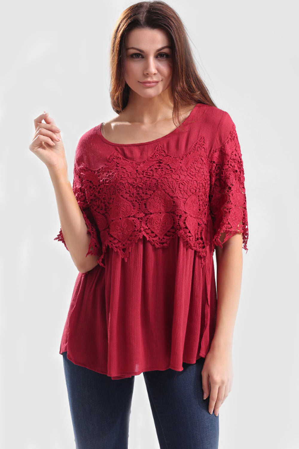 Ketty More Women Short Sleeves Front And Back Lace Loose Top-KMWSB985