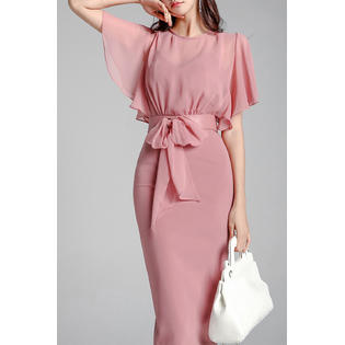 Ketty More Women Chiffon Ruffle Sleeve Waist Band Slim Fit Dress-KMWDC66430