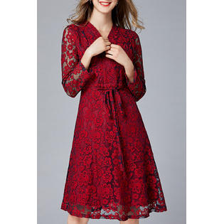 Ketty More Women Stylish Floral Lace Pattern V-Neck Long Sleeve Dress-KMWDC66712