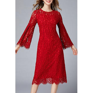 Ketty More Women Fashionable Solid COlor Floral Lace Pattern Flare Sleeve Dress - KMWD66710