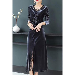 Ketty More Women Winter Styled Wrinkled Bust Trim Lace Partywear Dress - KMWDC14997