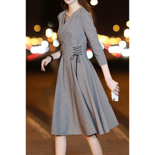 Ketty More Women V-Neck 3/4 Sleeve Solid Swing Dress-KMWDC2261