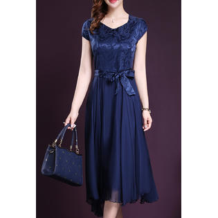 Women Silk Printed Top Bow Waist Prom Dress Blue - UWD475