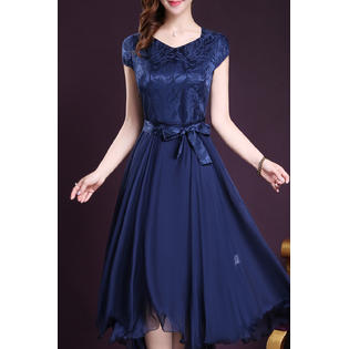 Women Silk Printed Top Bow Waist Prom Dress Blue - UWD475