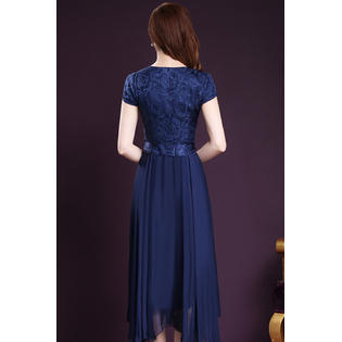 Women Silk Printed Top Bow Waist Prom Dress Blue - UWD475