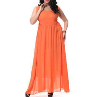 Women's Round Neck Pleated Long Gown Prom Night Dress Orange - UWD379