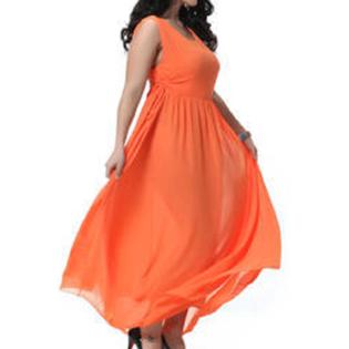 Women's Round Neck Pleated Long Gown Prom Night Dress Orange - UWD379