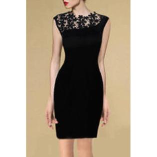 Women's Sleeveless Short Length Covered Neck Lace Dress Black - UWD022