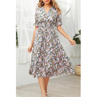 Women Mid-Length Short Sleeve V-Neck Elasticated Waist Beautiful Floral Pattern Chiffon Dress - WD102725