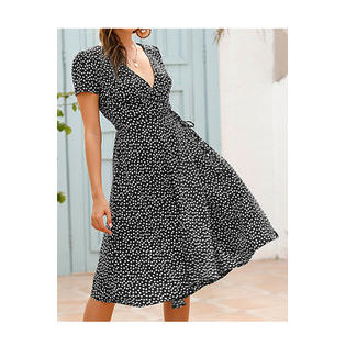 Ketty More Women Short Sleeve Deep V-Neck Slit Hem Summer Cool Polka Dotted Lovely Dress-KMWDC14108