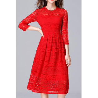 Ketty More Women Embroidered Lace 3/4 Sleeve Dress-KMWDC5094