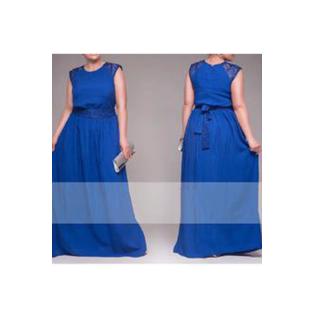 Women Lace Shoulders Sleeveless Long Plus Size Gown Blue - UWD480