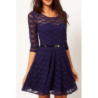 Women’s Skirt Style Round Neck Lace Dress With Belt Navy Blue - UWD020