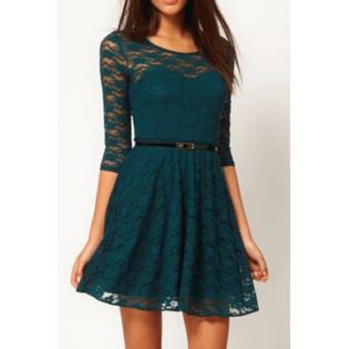 Women's Skirt Style Round Neck Lace Green Dress with Belt - KMWD021