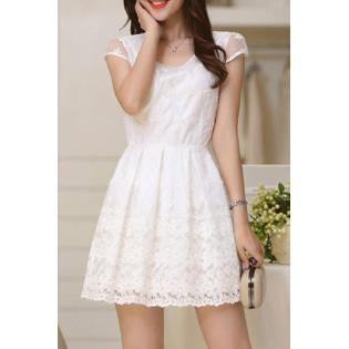 Women Round Neck Flower Lace Short Skirt Dress - JPWD315