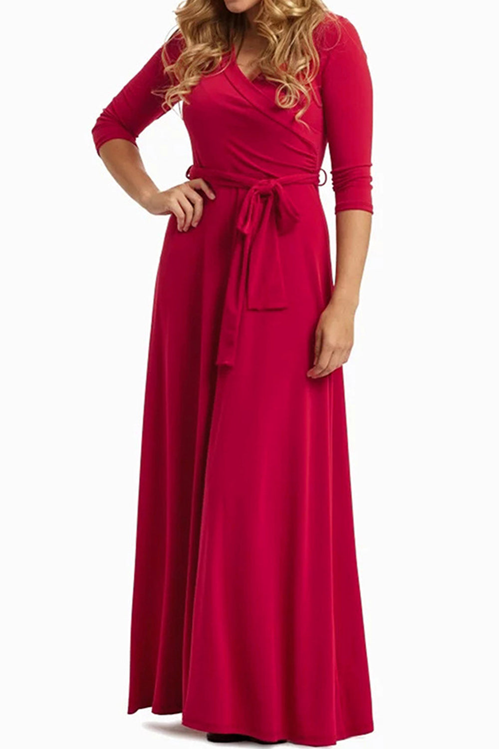 Women Deep Neck Cloth belt Long Gown Dress - C2573UD