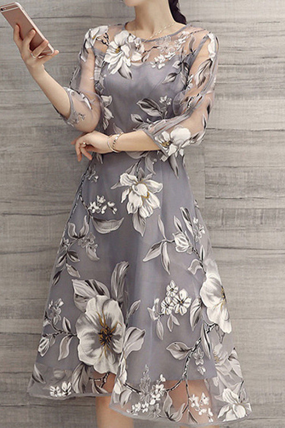 Women Round Neck 3/4 Sleeve Printed Dress - C1360ZBD