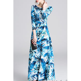 Women Fashionable Leaf Printed V-Neck One-Piece Tie Wrap Summer Skirt Dress - C8885ZBD