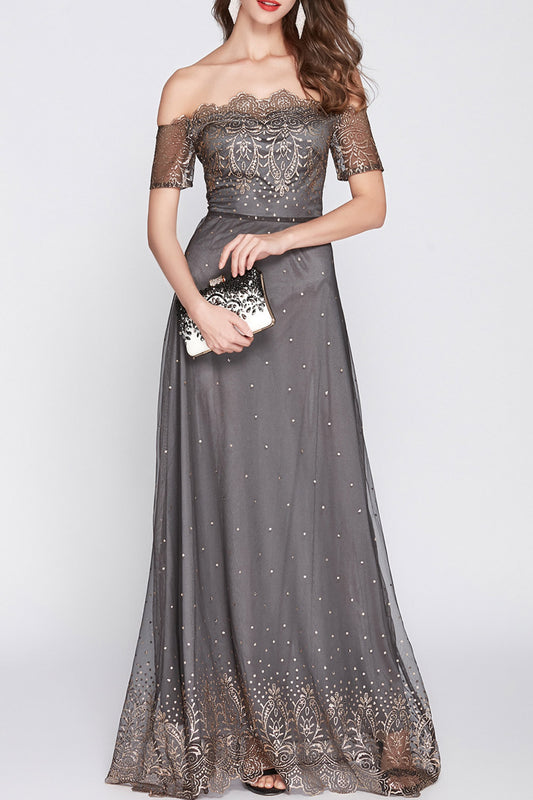 Women Embroidered Off Neck Long Maxi Party Dress - C11109TCD