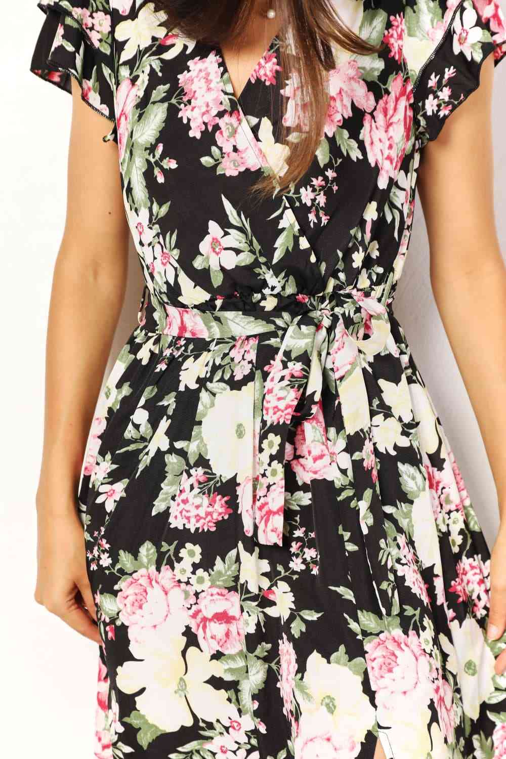 Women's Double Take Floral Flutter Sleeve Tie-Waist Split Dress