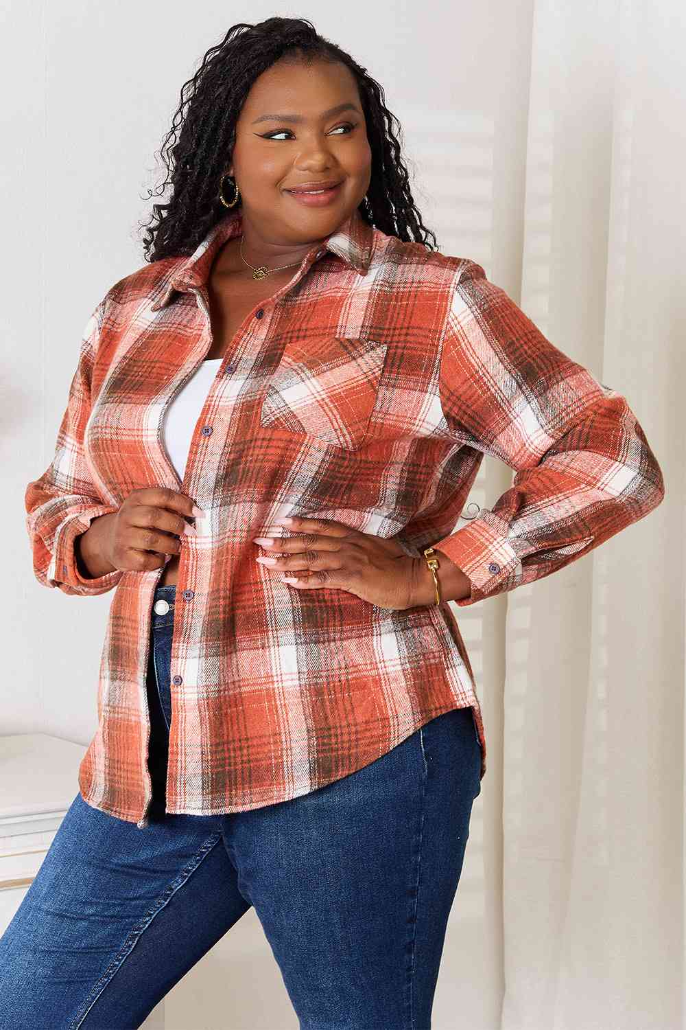 Women's Double Take Plaid Collared Neck Long Sleeve Shirt