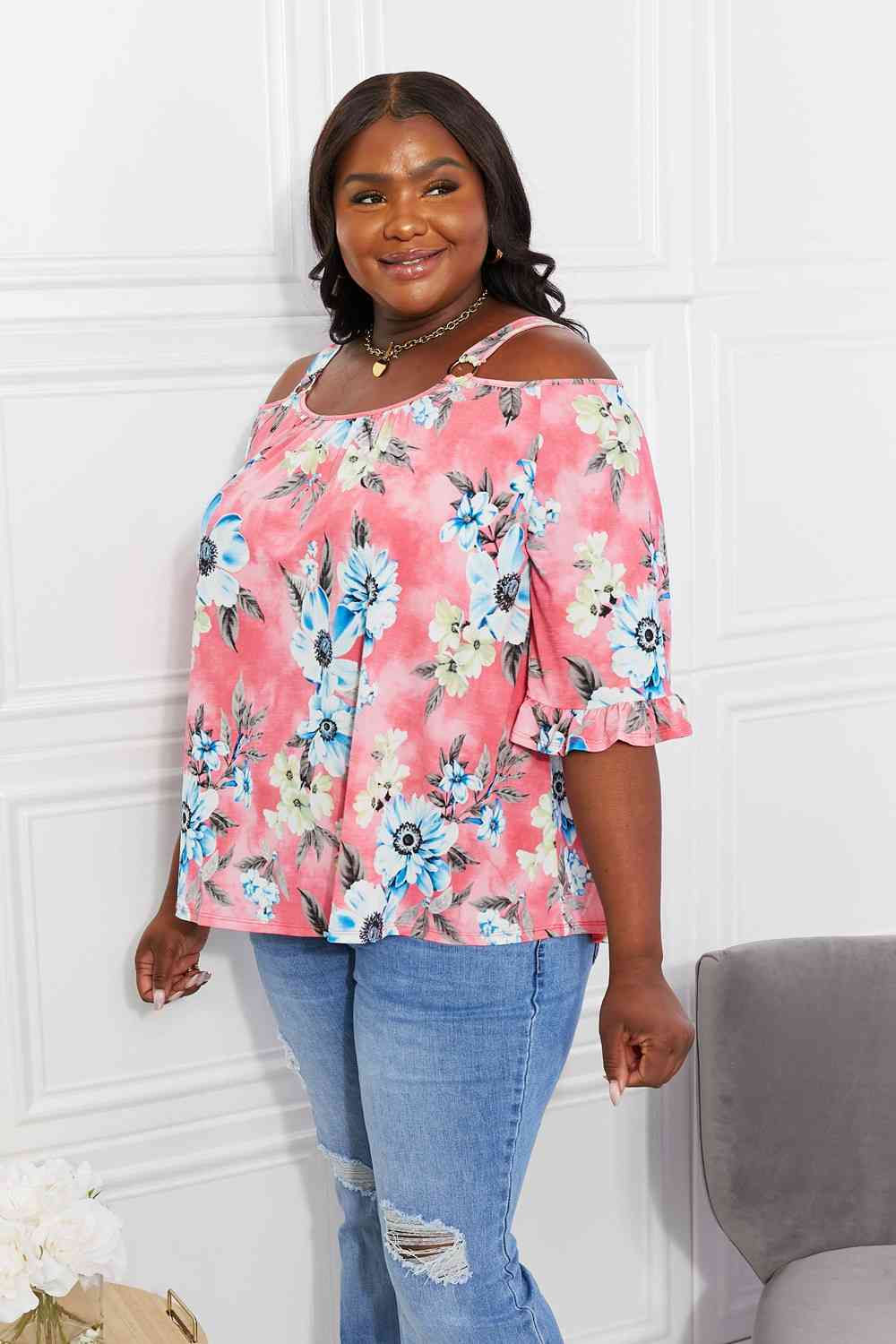 Women's Sew In Love Full Size Fresh Take  Floral Cold-Shoulder Top