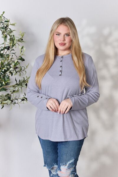 Women's Heimish Full Size Texture Half Button Long Sleeve Top