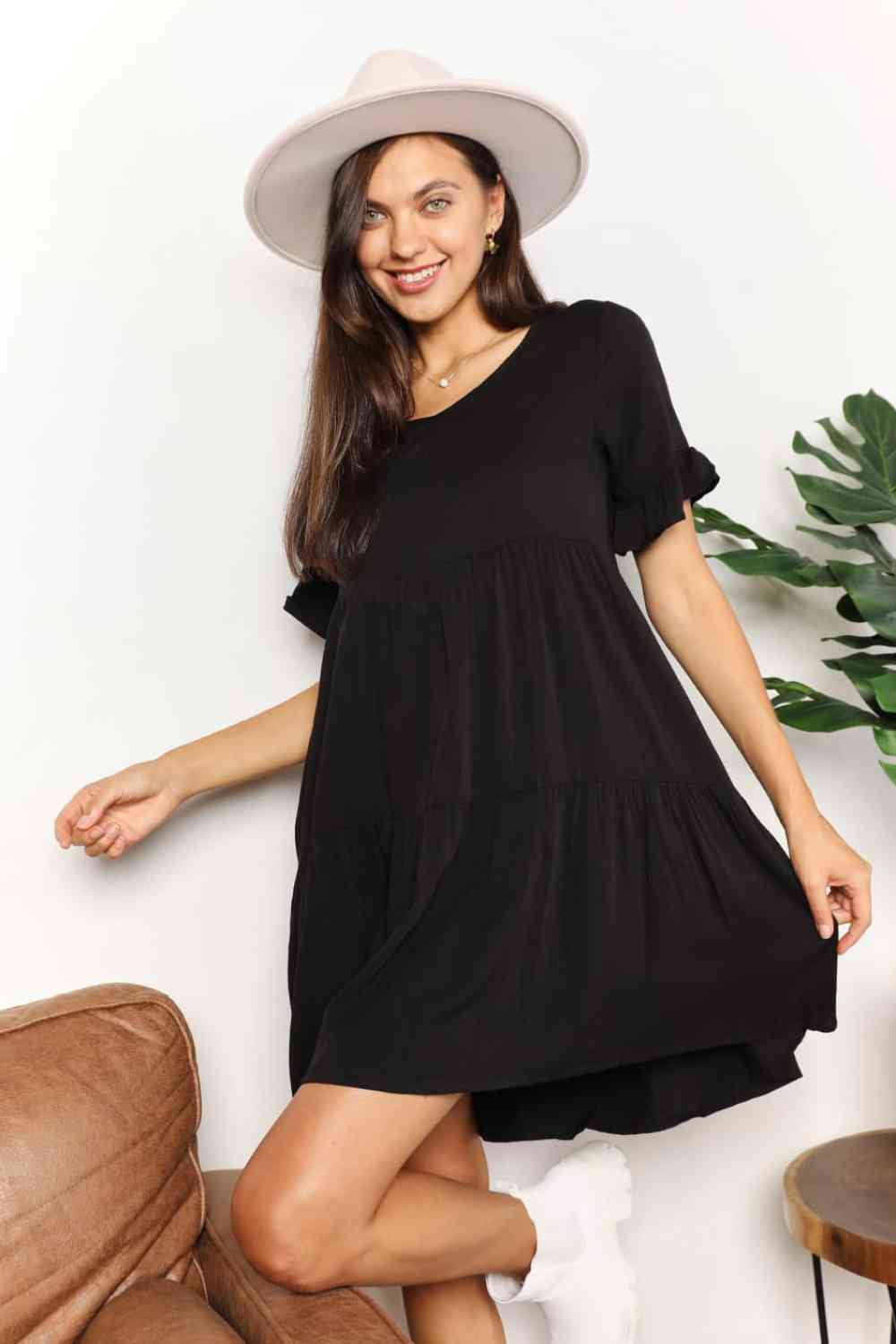 Women's Double Take V-Neck Flounce Sleeve Tiered Dress