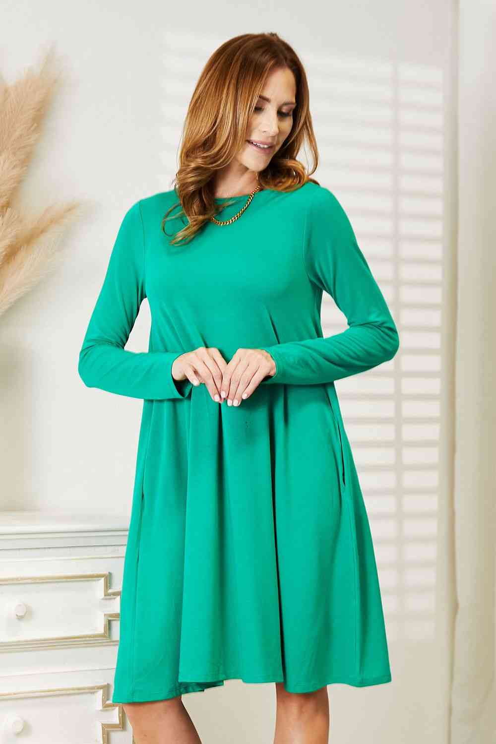 Women's Zenana Full Size Long Sleeve Flare Dress with Pockets