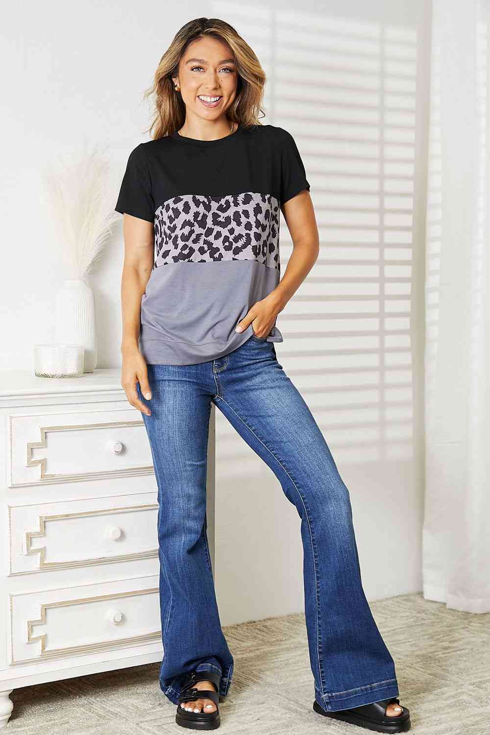 Women's Double Take Leopard Print Color Block Short Sleeve T-Shirt