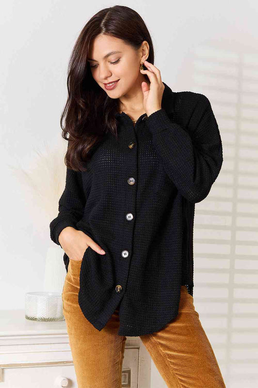 Women's Double Take Waffle-Knit Collared Neck Dropped Shoulder Shirt