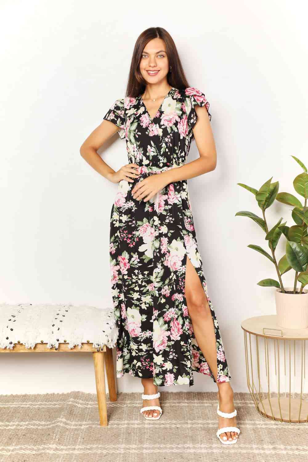 Women's Double Take Floral Flutter Sleeve Tie-Waist Split Dress