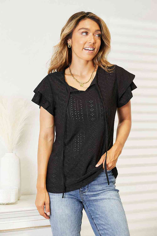 Women's Double Take Eyelet Tie-Neck Flutter Sleeve Blouse